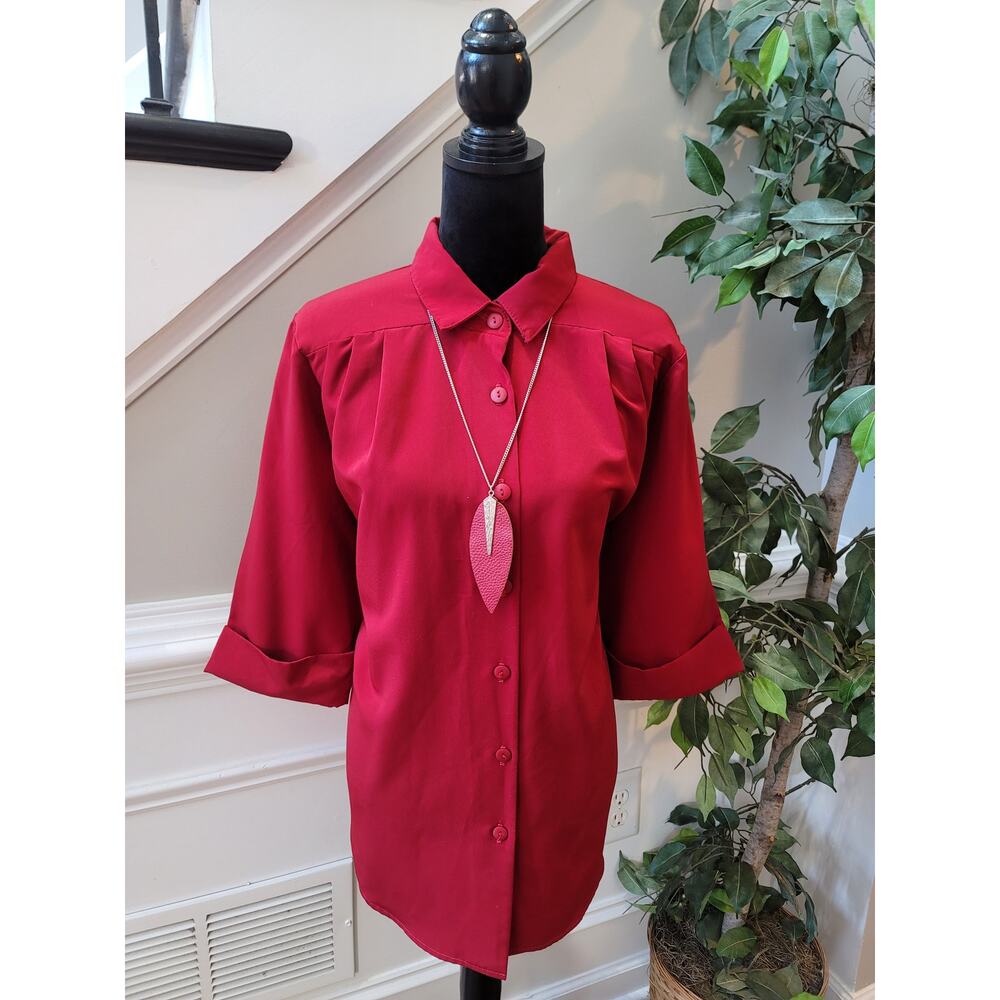 A Personal Touch Blouse Women's 3X Red Button Front Pleated Top Long Sleeves